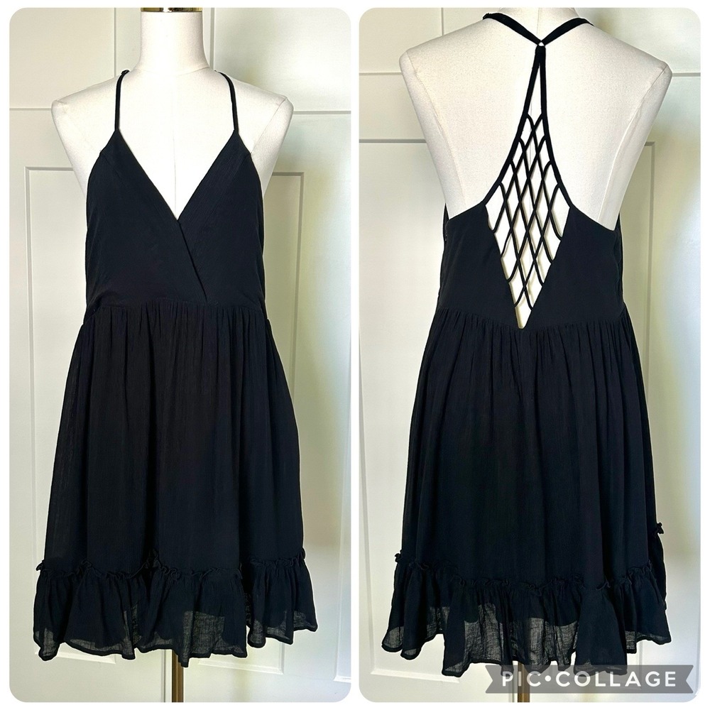 New In Brand Black Baby Doll Mini Dress Women's LG Lattice Back Ruffle Hem Y2K